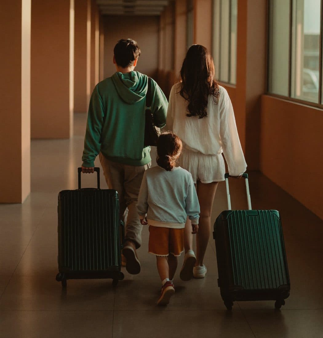 A family seen from behind walking through a bright airport corridor with their luggage, arriving for treatment in India