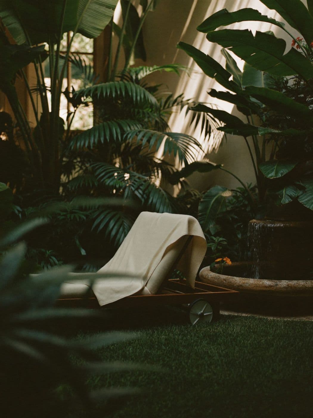 A tranquil garden terrace lounger surrounded by tropical plants, representing a calm recovery and wellness stay
